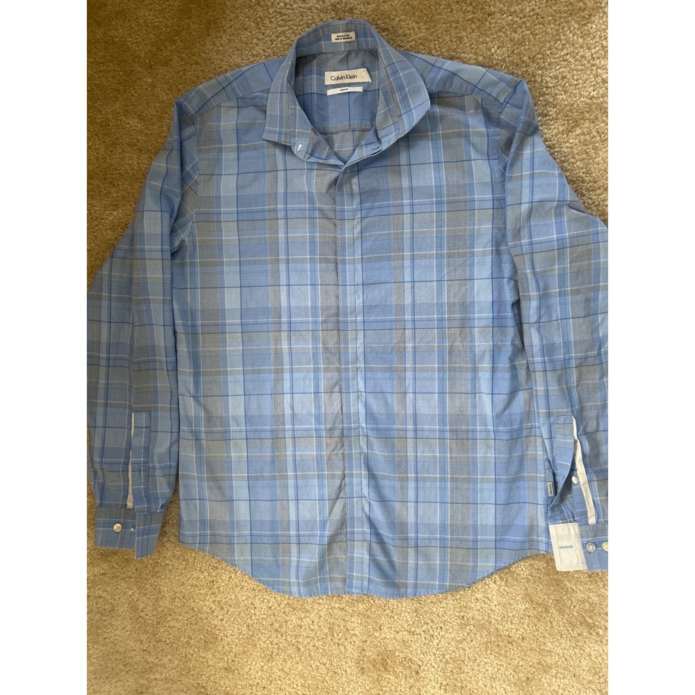 Calvin Klein Mens Slim Fit Plaid Button Down Shirt Blue Grey Long Sleeve Medium